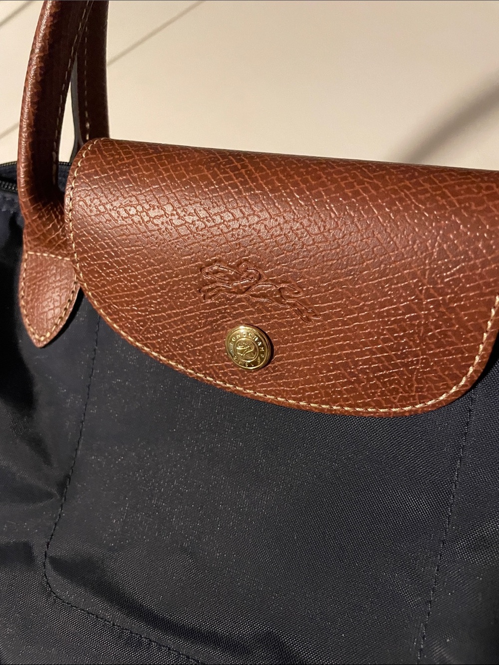 Longchamp lepilage Navy Nylon Tote with Brown Leather Trim - Picture 3 of 7